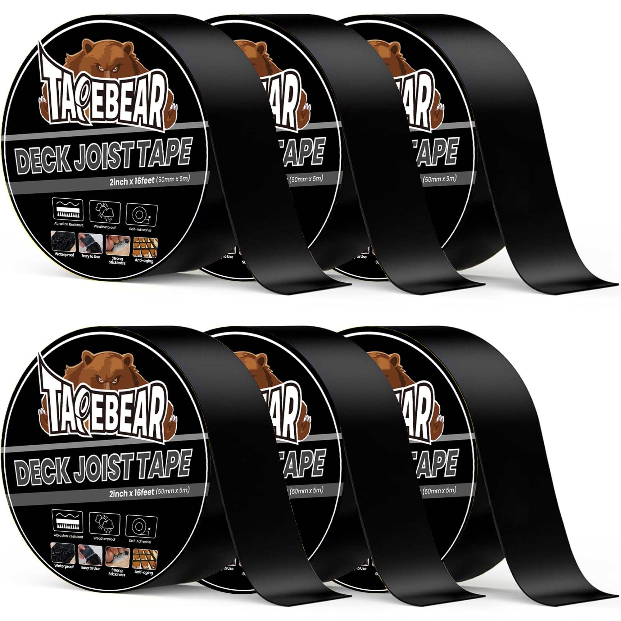 TAPEBEAR Butyl Joist Tape 50mm x 5m, Deck Flashing Tape Butyl Sealant Tape for Decking Subframe, Waterproof Anti-Corrosion Weather Resistant Tape for Wood Roof Decks Beams Rim, 6Rolls