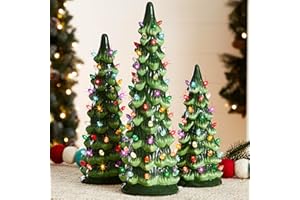 Best Choice Products Set of 3 Ceramic Christmas Trees, Pre-Lit Hand-Painted Tabletop Holiday Decoration w/Multicolor Bulbs, LED Lights – Green