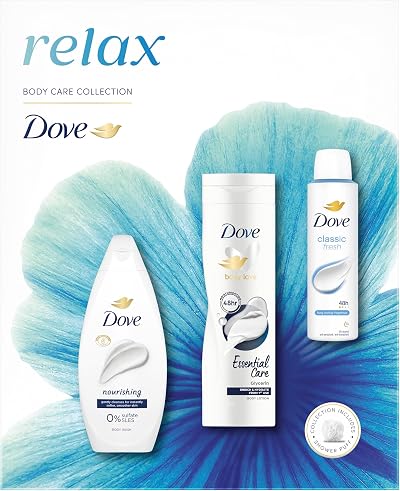 Dove Relax Trio Gift Set with Body Wash Lotion Anti-Perspirant Shower Puff 3 pc