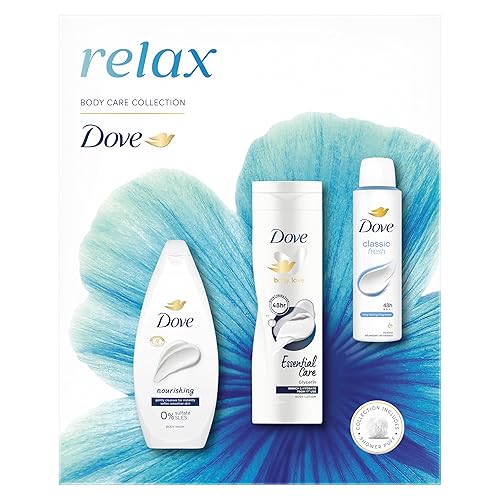 Dove Relax Trio Gift Set with a body wash, a body lotion, an anti-perspirant and a Shower Puff perfect gifts for her 3 piece
