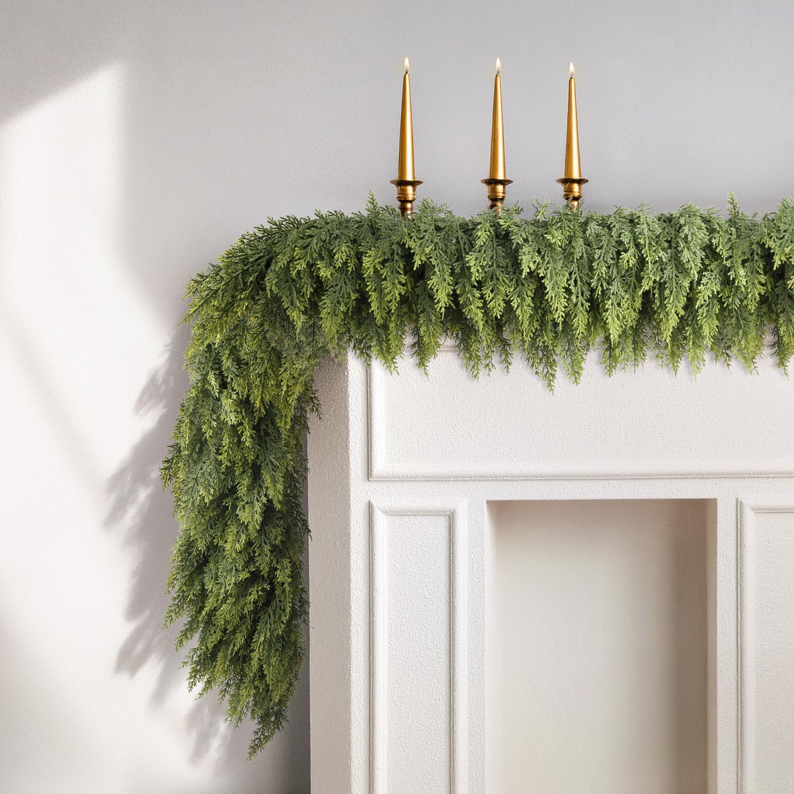 Photo 1 of 9ft Christmas Cedar Garland with Soft Thickness Pine, Artificial Green Faux Cedar Pine Garland for Mantle Fireplace Indoor Outdoor Holiday Party Home Decoration?2 Pcs?