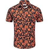 Men's Halloween Pumpkins Button Down Shirt Fun Skull Casual Short Sleeve Hawaiian Shirt