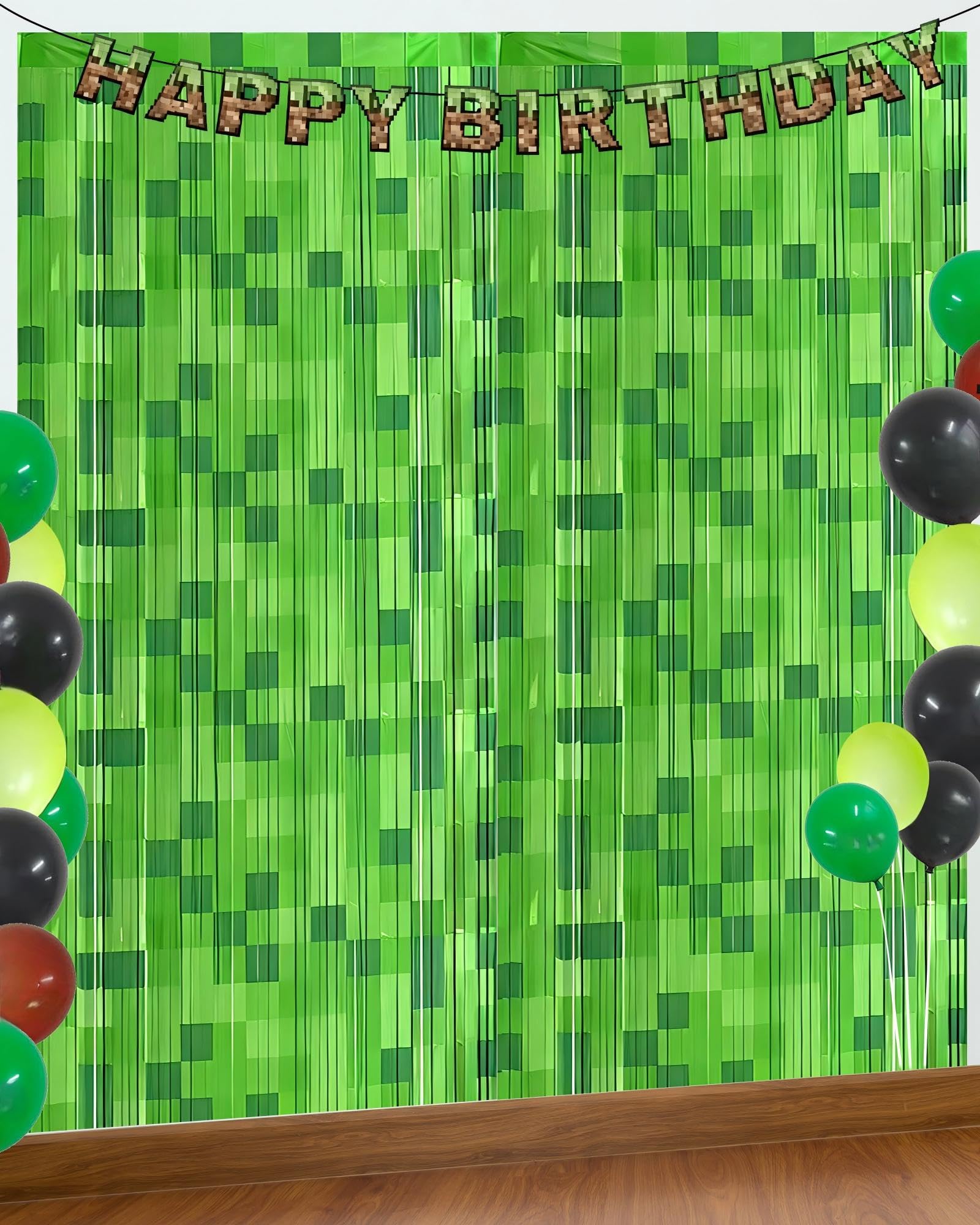 Photo 1 of 2 Pack Green Pixel Miner Foil Fringe Curtains - 3.3x6.6ft Video Game Birthday Photo Booth Backdrop, Metallic Door Streamers for Gamer Party Decorations & Room Wall Decor