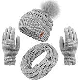 Aneco Womens Winter Warm Sets Knitted Fur Pompoms Beanie Hat Circle Loop Scarf Touch Screen Gloves Winter Favor Accessories