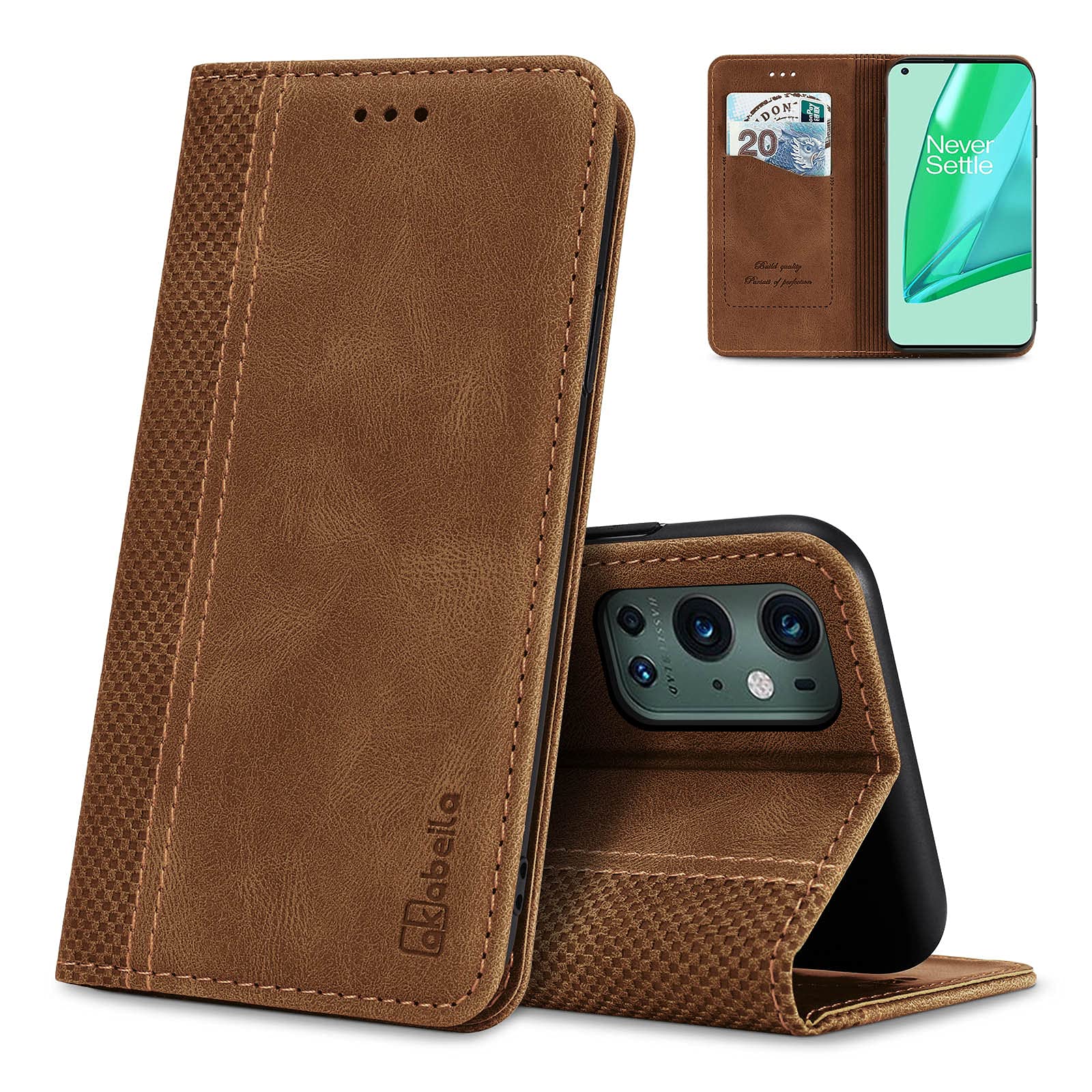 AKABEILA Case for OnePlus 9 Pro Premium Leather Flip Wallet Case with Magnetic Closure Kickstand Card Slots Folio Phone Case Cover Shockproof Light Brown