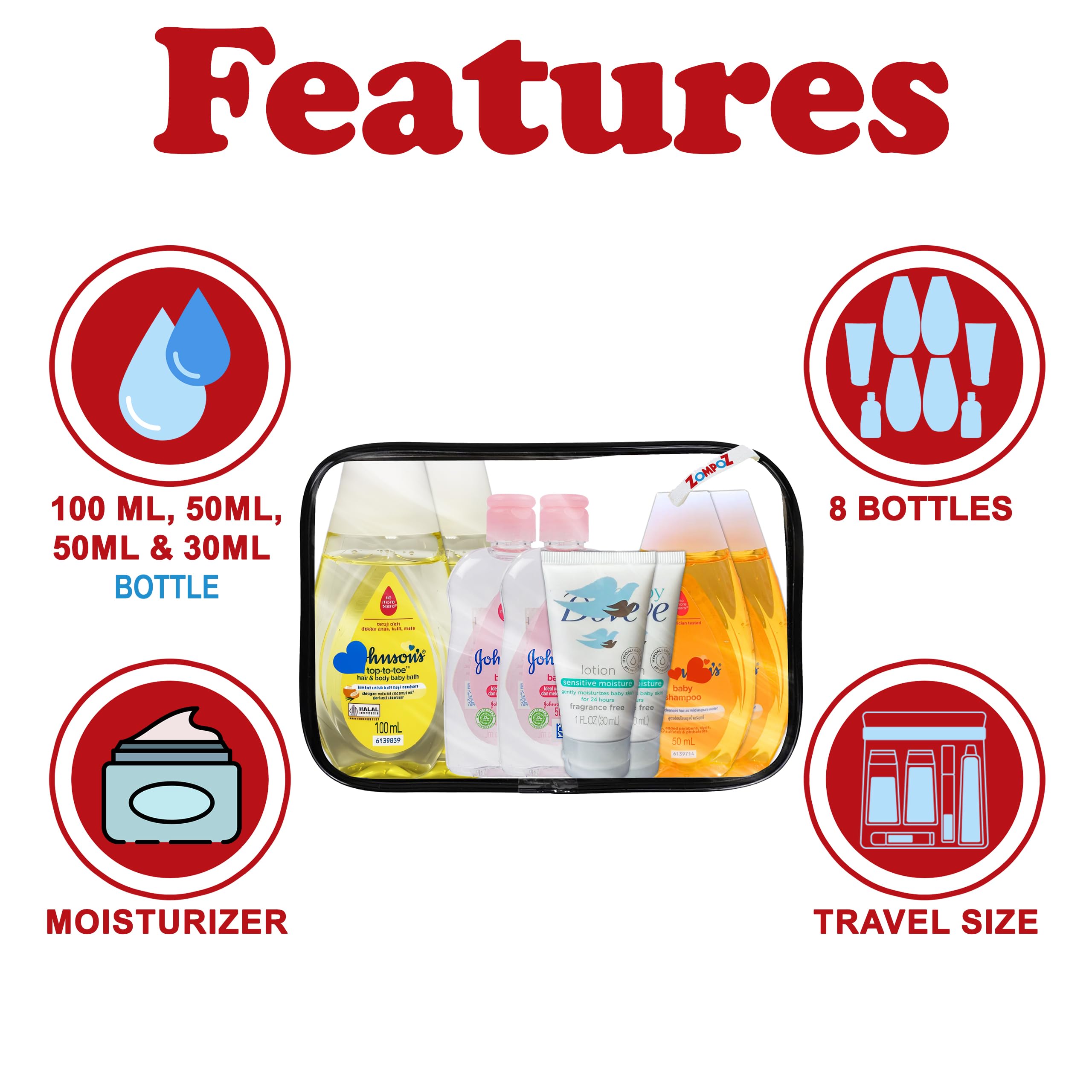 Bath Essentials Travel Kit, 8 Piece TSA Approved Travel Size Bottles Toiletries Kit, Baby Shampoo (2) Top to Toe Body Wash (2) Baby Oil (2) Baby Sensitive Lotion(2)