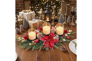 Alupssuc 28" Christmas Centerpiece with 3 Candle Holders Trays,Dining Table Decoration with Baubles, Pine Cones, Red Berries, Spruce Branches, Flower for Indoor Home Party Table Holiday Decor, 1 Pcs