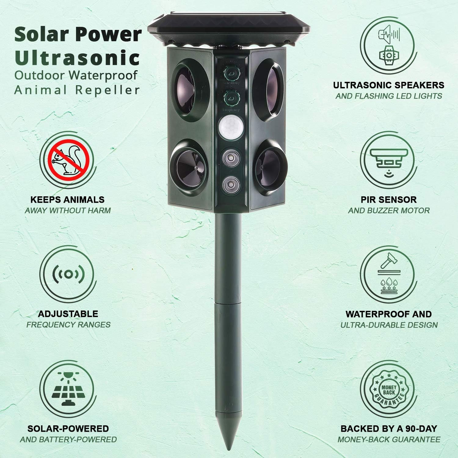 Gold Label Solar Power Ultrasonic Outdoor Waterproof Animal Repeller | Solar & Battery-Powered Pest Repellent Stakes with LED Lights & PIR Sensor | Repel Mole, Chipmunk, Gopher, Raccoon, Rabbit : Garden & Outdoor