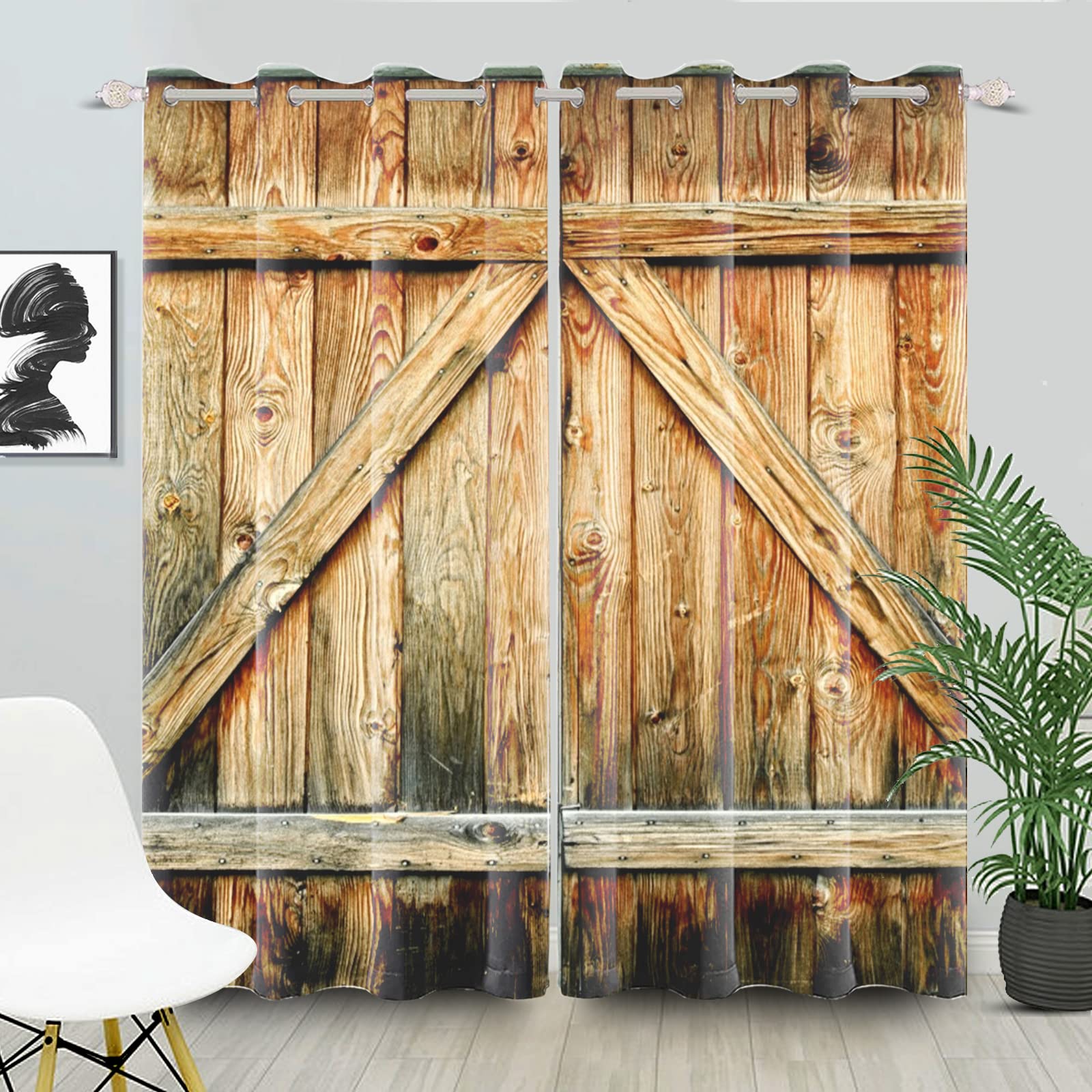 SDOTPMT 42x84 Inch Rustic Country Wood Window Curtains Brown Wooden Barn Door Plank Window Drapes Western Farmhouse Window Treatment for Living Room Bedroom Decor Blackout Curtain, 2 Panels
