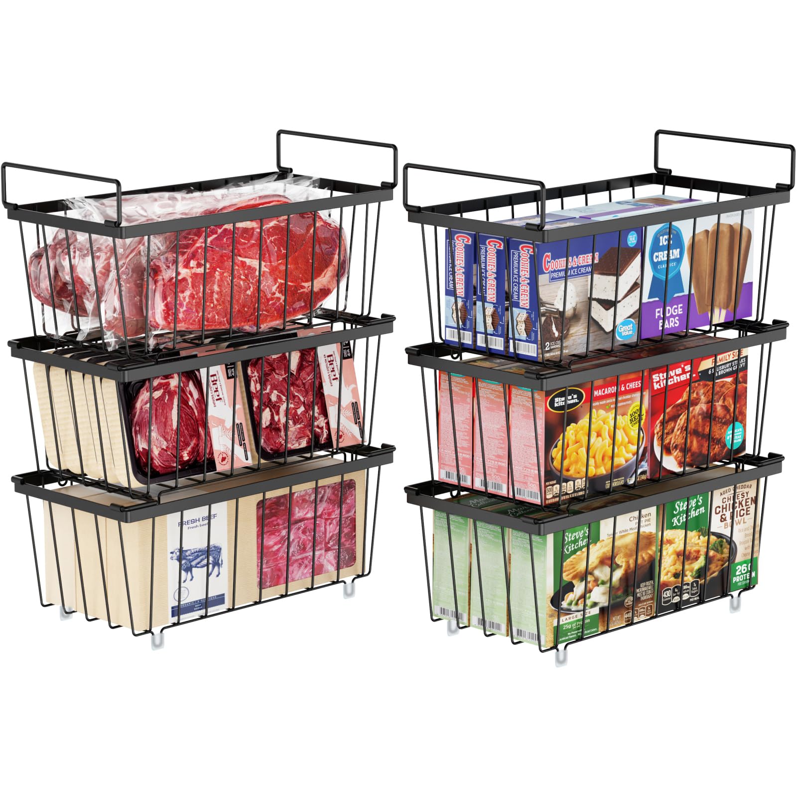 Photo 1 of iSPECLE Freezer Storage Bins - 6 Pack Small Stackable Deep Freezer Organizer Bins for Most 7 Cu.FT Chest Freezer Sort Frozen Food, Freezer Basket with Handles Easy to Get Food from Bottom, Black
