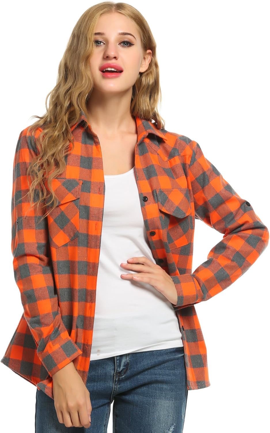 Womens Flannel Shirt Tartan Gingham Checkered Long Sleeve Button Down Plaid Shirt: Clothing