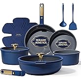 CAROTE Blue&Gold Ceramic Cookware Set Non Toxic, PFAS Free,15Pcs Pots and Pans Set Non Stick Detachable/Removable Handle,Kitchen Cooking Set Dishwasher Safe, Nonstick Pot and Pan, Induction Cookware
