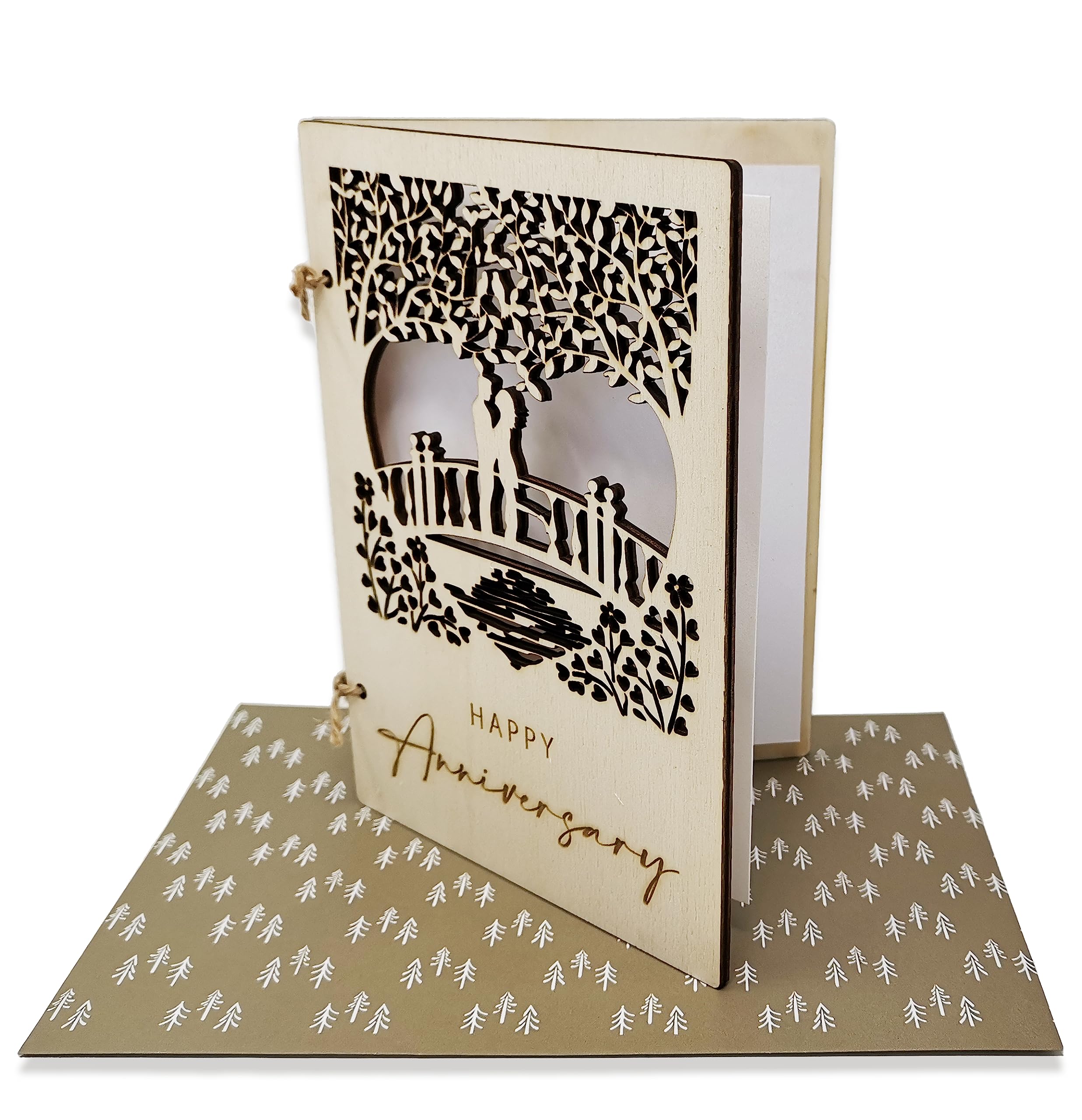 Wooden Anniversary Card with Loving Couple on a Bridge Detailed Carving (Happy Anniversary) — image 1