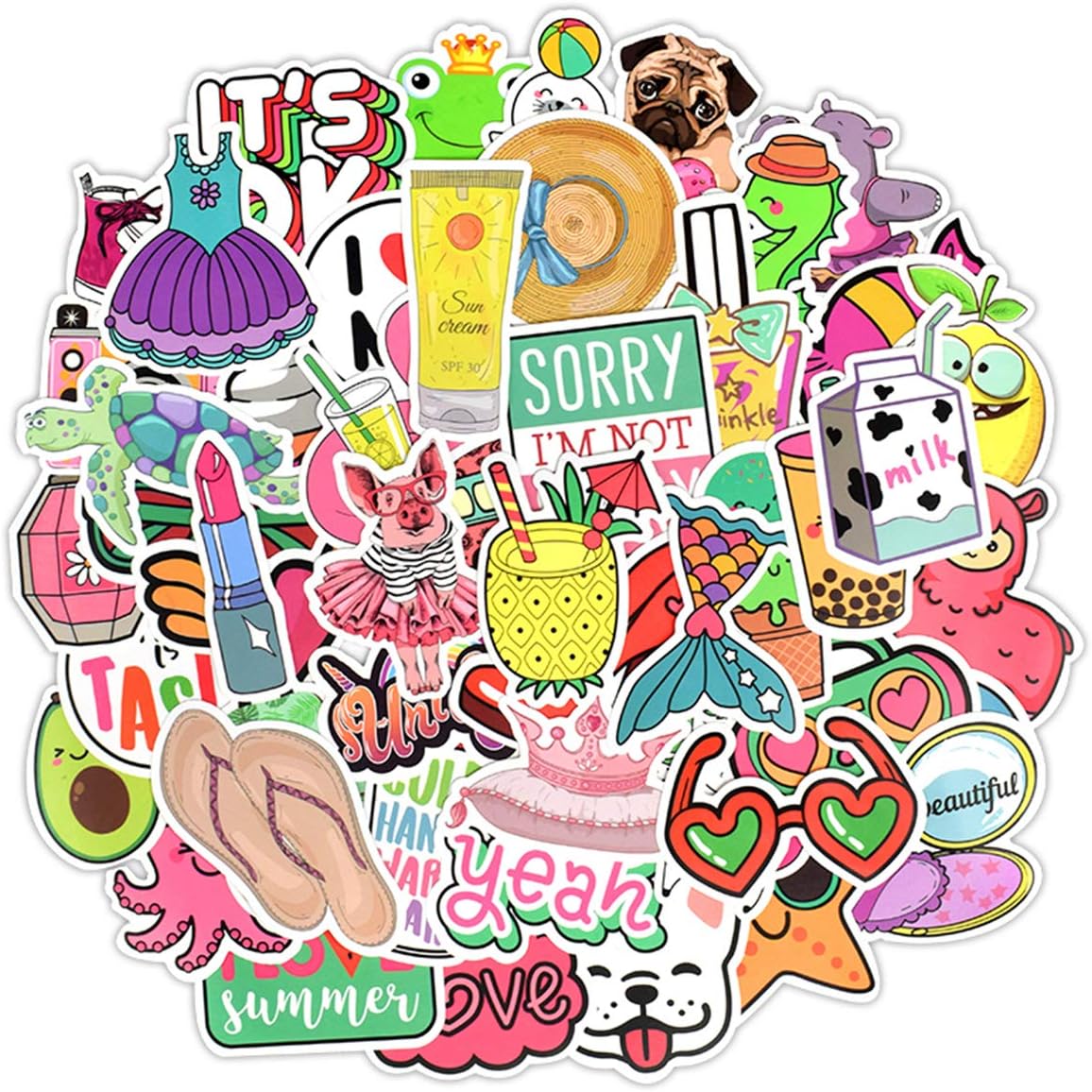50pcs Water Bottles Stickers Lovely Color Waterproof Aesthetic Trendy Summer Stickers for Teens Girls Perfect for Waterbottle Laptop Phone Travel (Color Girl 50)
