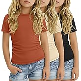 LessonZoo 3 Pack Girls Short Sleeve T Shirts Crewneck Slim Fit Tees Ruched Side Summer Basic Tops for Kids 5-14 Years