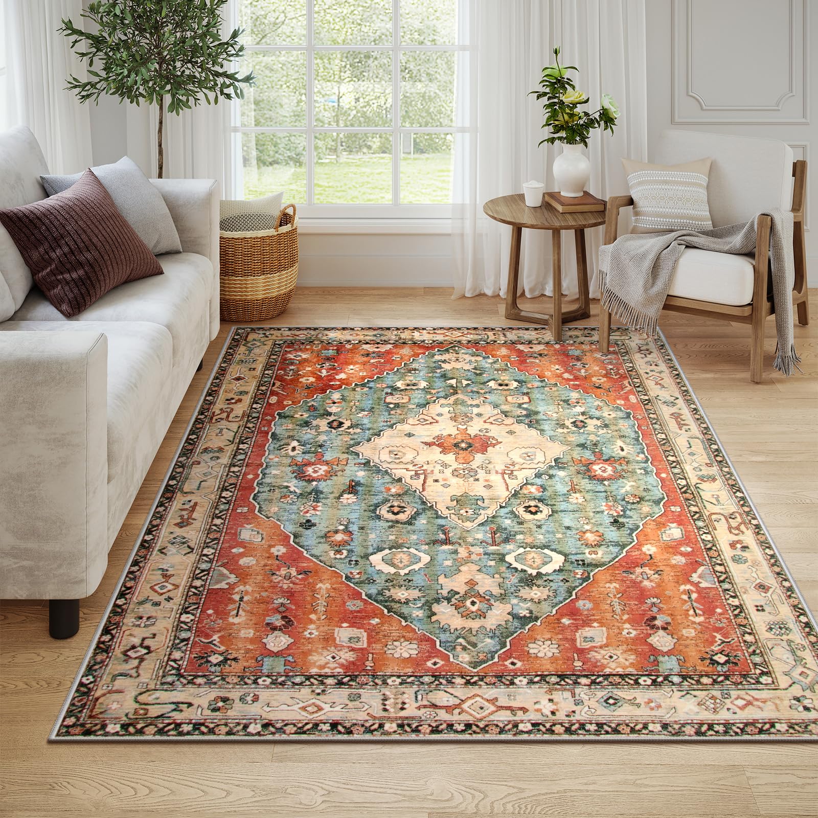 Lahome Boho Tribal 6x9 Area Rugs for Living Room, Washable Soft Rug for Bedroom, Oriental Dining Room Rugs for Under Table, Large Vintage Non Slip Carpet for Office Playroom (Rust/Dull Teal,6x9ft) Image