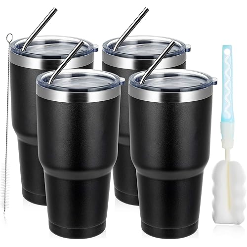 30oz/4 PACK Stainless Steel Tumbler With Lid，Double Wall Vacuum Insulated Travel Mug Coffee Cup With Straw,Durable Powder Coated Insulated Coffee Cup for Cold & Hot Drinks  (Black, 4 Pack)