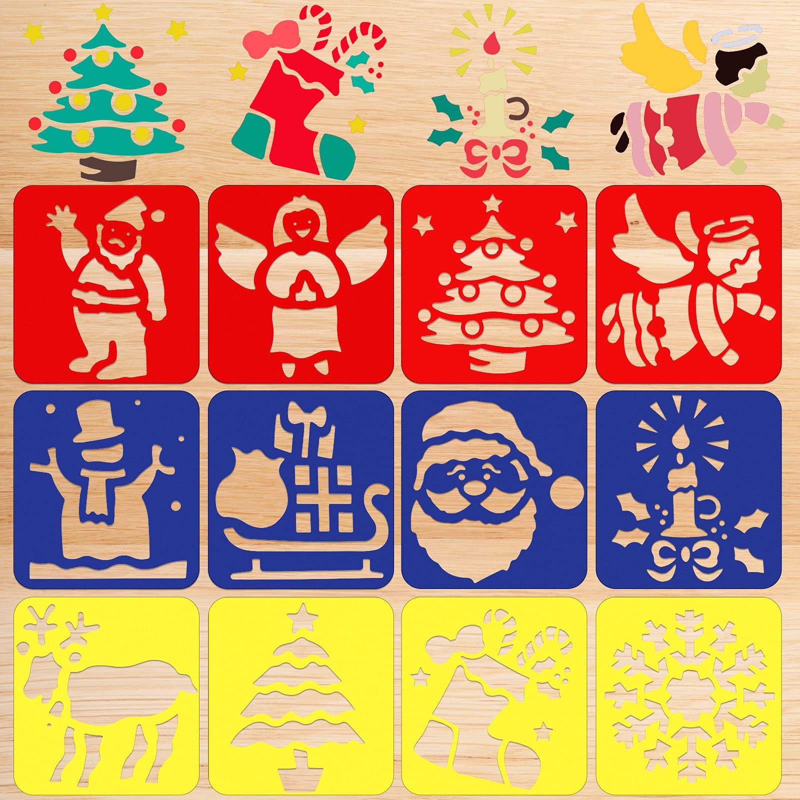 12 Pieces Christmas Painting Stencils - 6 x 5.5 Inch Template for Holiday Crafts, Drawing, and DIY Wall Decoration - Plastic Snowflake and Tree Designs for Kids Wood Painting