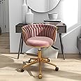GOOLON Velvet Desk Chair, Modern Office Chair with Wheels, Home Swivel Vanity Armchair with Woven Back Comfy Height Adjustable Seat Sturdy Golden Metal Rolling Base for Makeup Bedroom, Pink