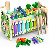 Amtreen 6-IN-1 Wooden Montessori Toys for 1 Year Old, Mole-Tapping Game | Play the Xylophone | Frog Clock | Carrot Harvest Game | Spinning Gear, Toddler Toys Aged 1-4, Baby Toy Gift for Early Learning