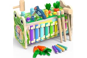 Amtreen 6-IN-1 Wooden Montessori Toys for 1 Year Old, Mole-Tapping Game | Play the Xylophone | Frog Clock | Carrot Harvest Game | Spinning Gear, Toddler Toys Aged 1-4, Baby Toy Gift for Early Learning