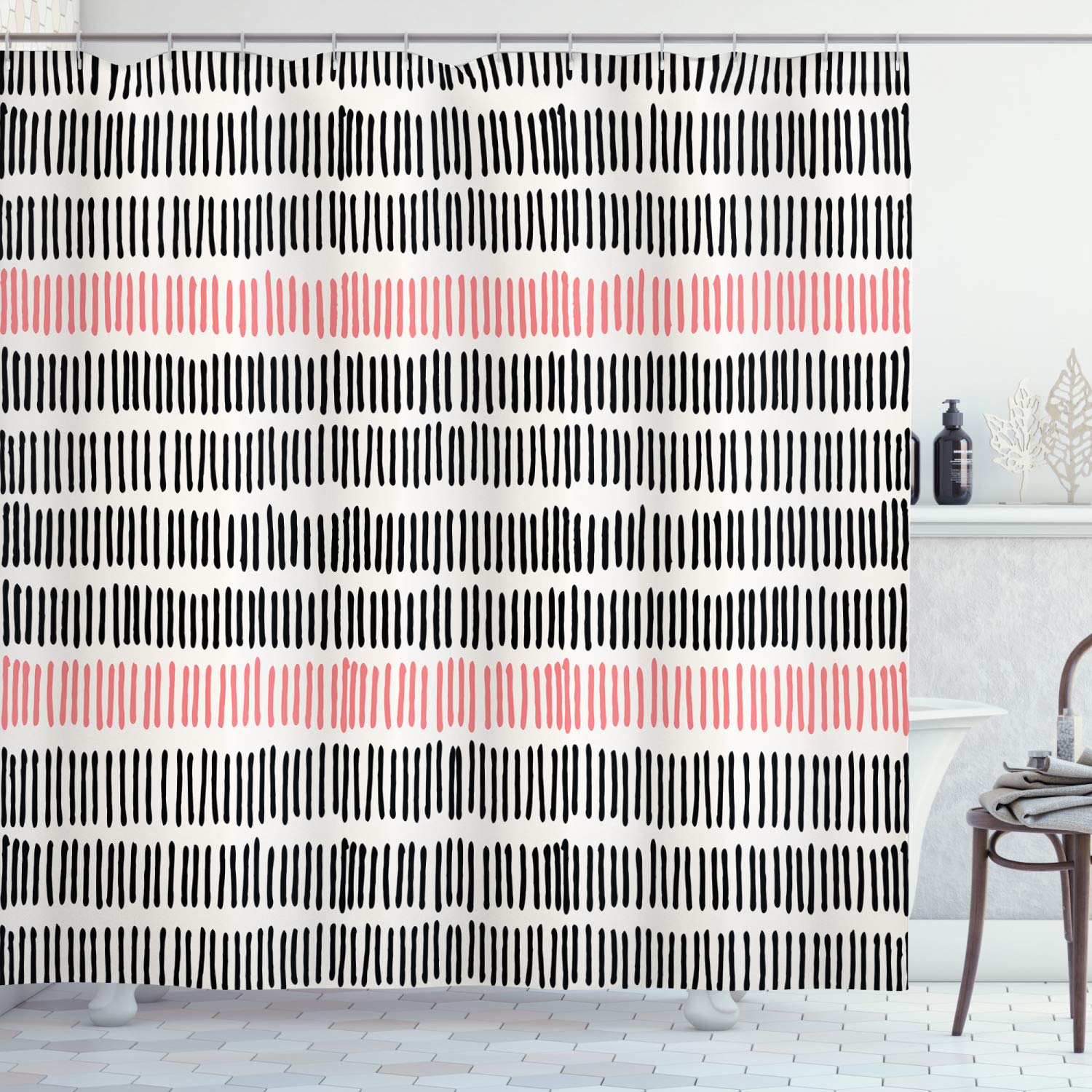 ABAKUHAUS Abstract Shower Curtain, Abstract Pattern with Short Lines Chalkboard Geometric Simple Retro Artwork Print, Cloth Fabric Bathroom Decor Set with Hooks, 70 Inches, Black Pink