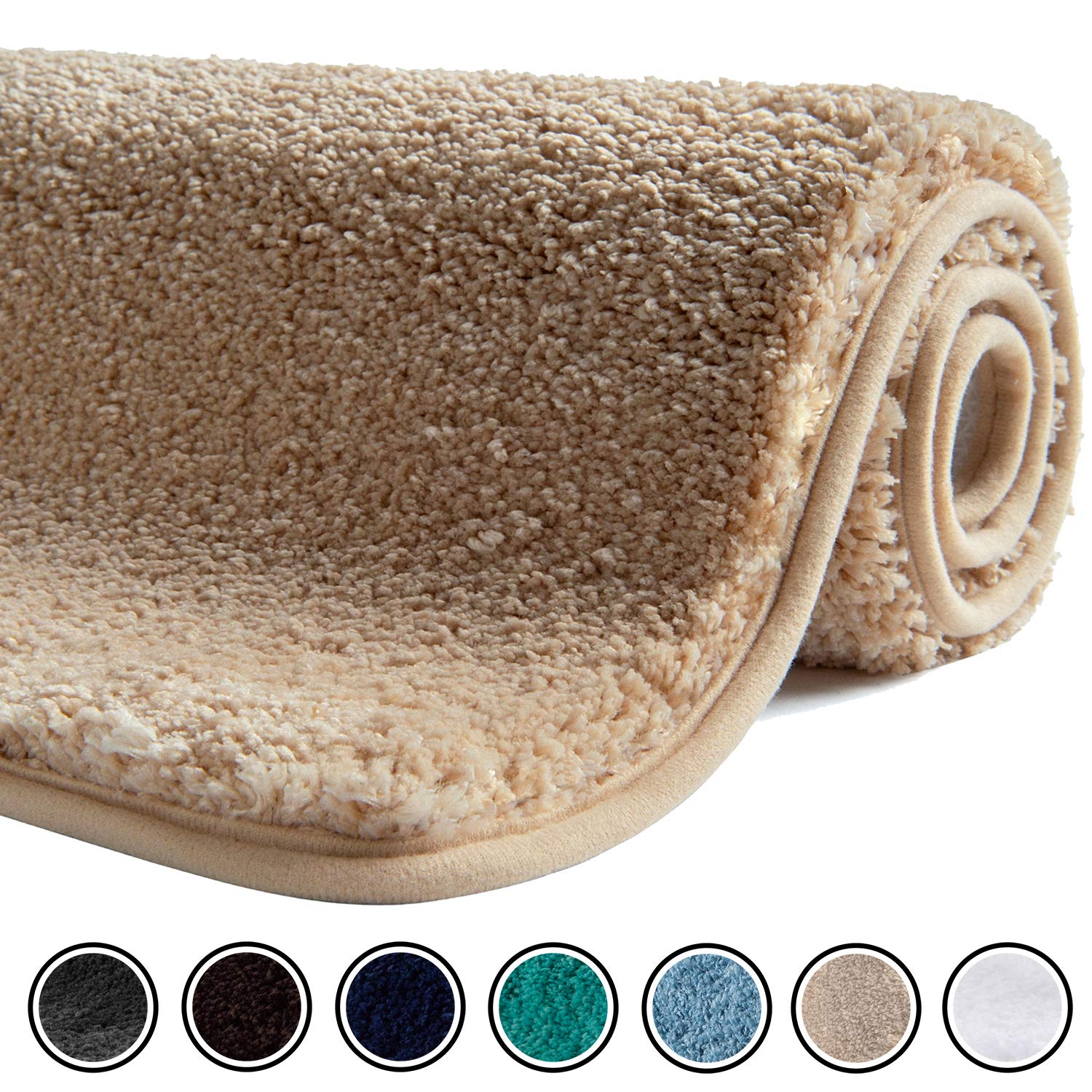 SFLXO 80cm x 50cm Non Slip Bath Mat Machine Washable Durable Soft Fluffy Microfiber Bathroom Mat Water Absorbent Bath Rug Creme Beige — image 1