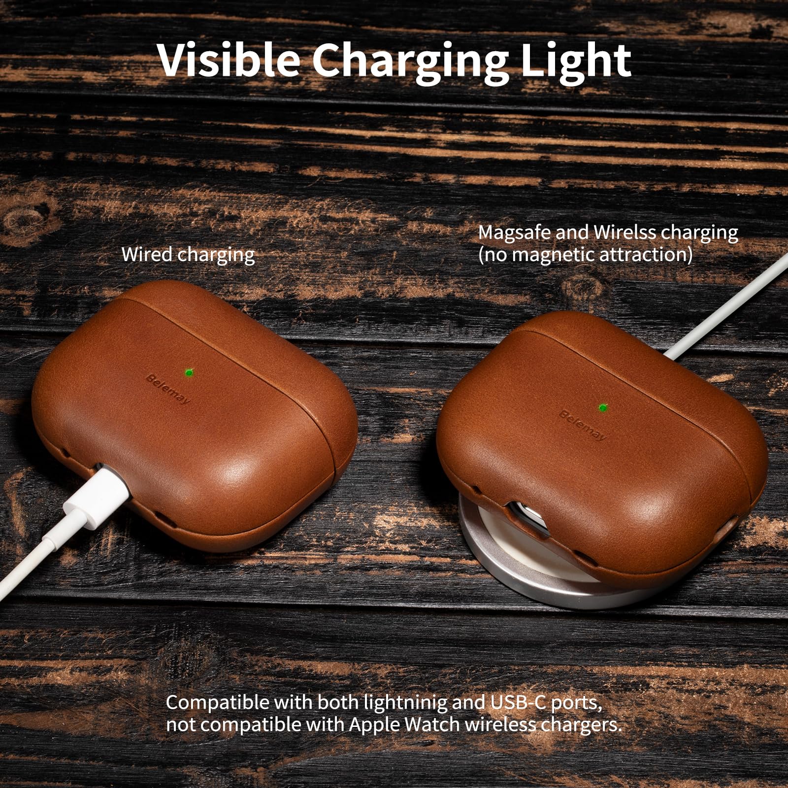 Belemay Handcrafted Full-Grain Vegetable-Tanned Leather Case for AirPods Pro 3rd Gen (2025), Two-Tone Effect, Natural Patina, Compatible with MagSafe, Compatible with Airpods Pro 3, Saddle Brown