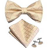 GUSLESON Mens Plaid Checkered Bow Tie Handkerchief Jacquard Woven Adjustable Pre-Tied Bowties Pocket Square Cufflinks Set