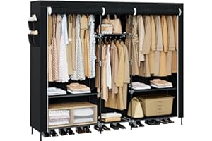 CASAMAYA Portable Closet, 77.6 Inch Extra Large Capacity Wardrobe Closet with Cover, Clothes Storage Organizer with Shelves and 3 Hanging Rods, Easy to Assembly, Black PCT223B01