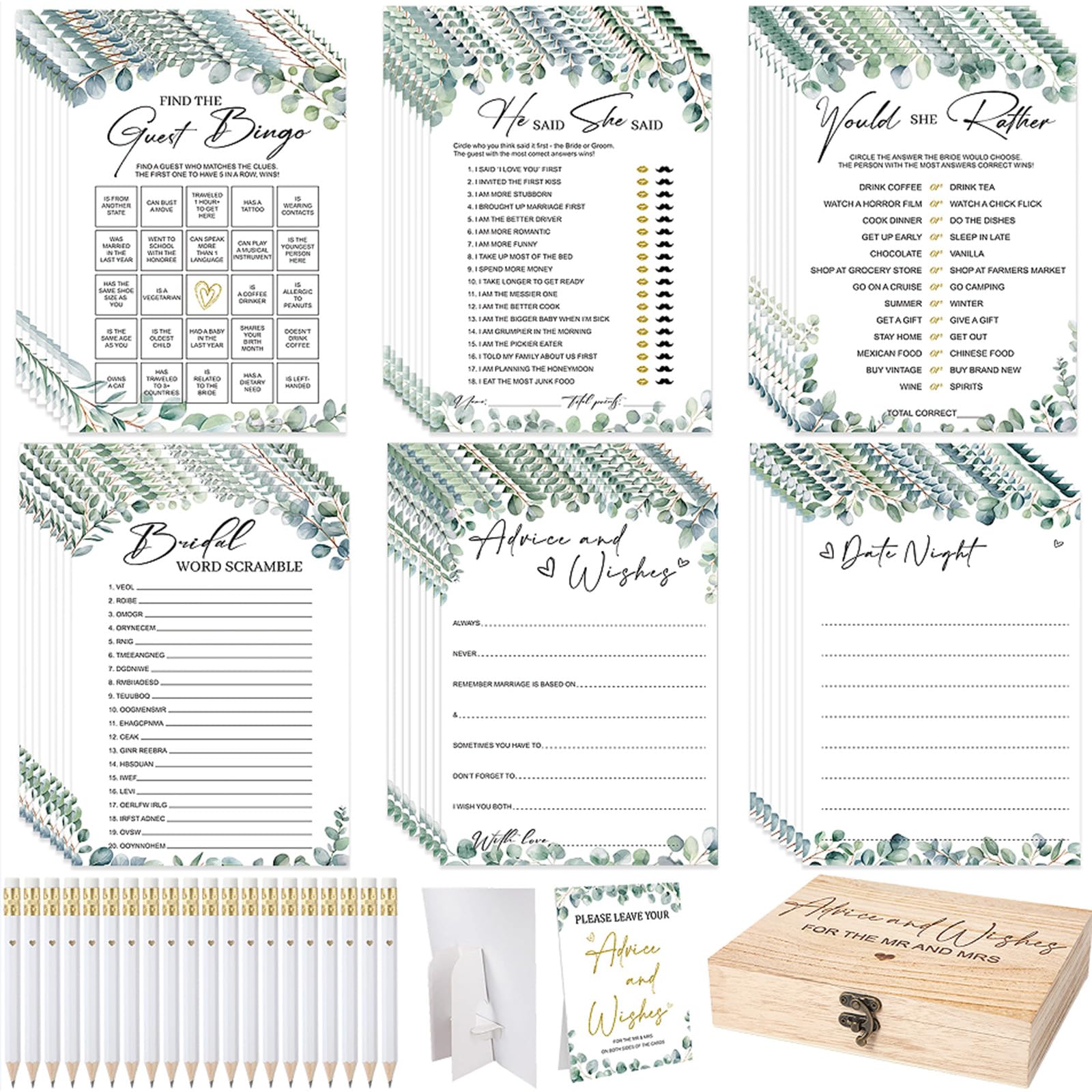 Photo 1 of Silipull Bridal Shower Games Set for 50 Guests Includes Bingo, He Said She Said, Scramble, Would She Rather, Advice and Wishes Wedding Games Double Sided with Wooden Box, 20 Pencils(Eucalyptus)