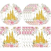 40Pcs Princess Birthday Party Decorations - Gold Fairytale Castle Plates and Napkins Once Upon a Time Birthday Decorations Tableware Set Princess Bday Party Supplies for Girls Women Serves 20 Guests