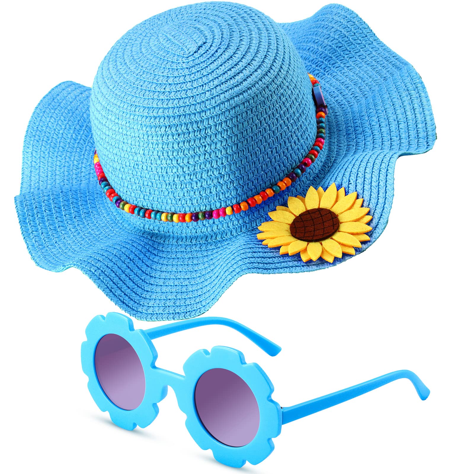 Photo 1 of **ONLY HAT**Summer Straw Hat for Girls Large Brim Sunflower Beach Hat Cute Flower Sun Hat with Flower Round Sunglasses (Sky Blue)