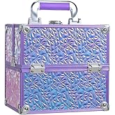 FRENESSA Makeup Case Organizer Makeup Box Cosmetic Train Case Portable Make Up Artist Travel Case Storage Box 4 Trays with Dividers Lockable Hard Train Case Nail Tech Supply Storage Shiny Purple