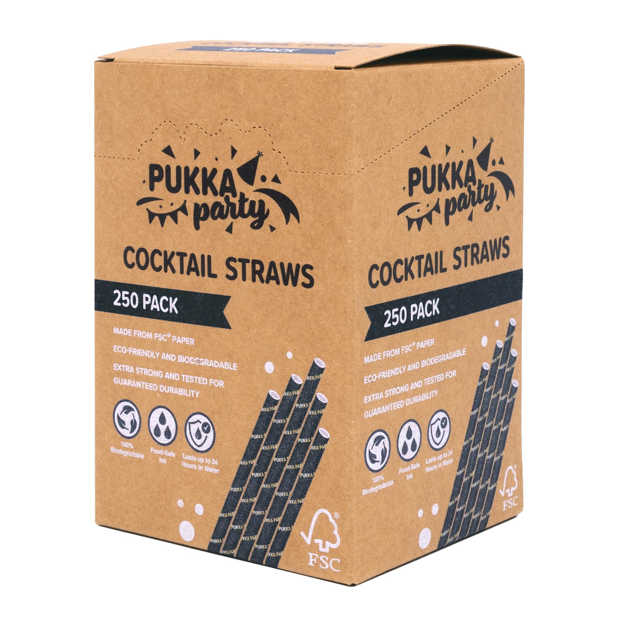 PUKKA party Paper Cocktail Straws – Pack of 250 Eco-Friendly, Biodegradable Drinking Straws – Extra Strong Durability, Lasts up to 24 Hours in Water – Counter Display Unit with Tear-Away Top – 14cm