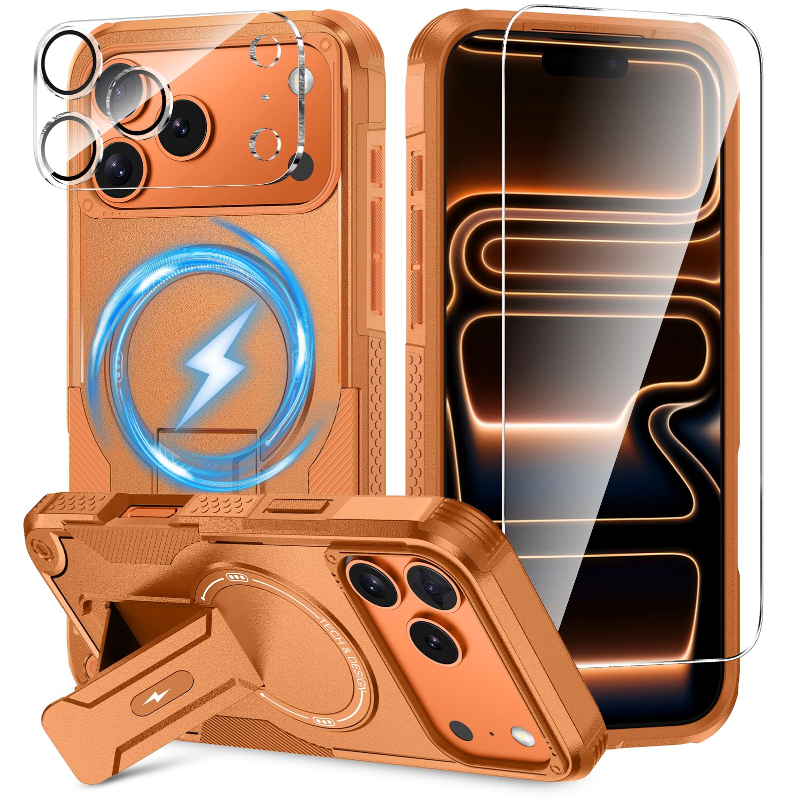 Photo 1 of 3 in 1 for iPhone 17 Pro Max Case [Compatible with MagSafe] [Invisible Kickstand] [HD Screen Protector] [Camera Lens Protector], Protective Magnetic Phone Cover for iPhone 17 Promax (Orange)