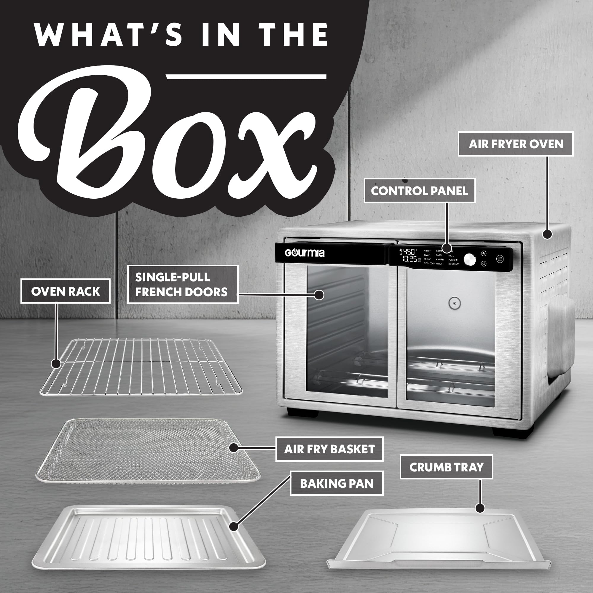 Horno freidora de aire digital Gourmia con puerta francesa - Capacidad XL 37QT, 12 presintonías, tecnología FryForce 360°, deshidratación, prueba, cocción lenta, se adapta a pizza de 13", 1700W, acero inoxidable