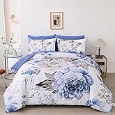 Dintszyayue Floral Comforter Set King 7 Pieces Blue Bed in a Bag Elegant Flower Bedding Set Lightweight Complete Comforter Set for All Season with Flat Sheet, Fitted Sheet, Pillowcases & Shams