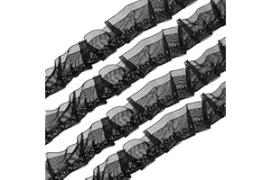 uxcell Pleated Lace Ruffle Trim Ribbon, 10 Yards 1.4 Inch Wide Pearl Embellished Chiffon Lace Trim Ribbon for Sewing, Wedding