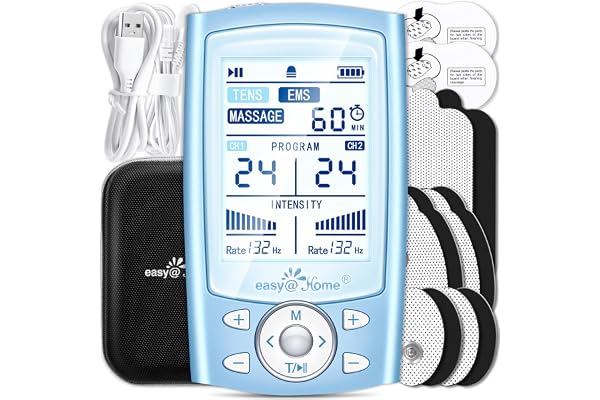 TENS Unit Muscle Stimulator Machine: Easy@Home Electric EMS Massager - Rechargeable Electronic Pulse Massager for Pain Relief