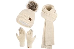 FZ FANTASTIC ZONE Womens Winter Warm Knit Beanie Hat Long Scarf Touchscreen Gloves Set with Fleece Lined Pom Skull Cap Gifts for Women