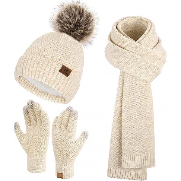 Winter Hat Scarf Gloves Set for Women, Classic Cable Beanie 