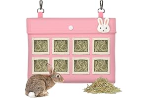 SKYJORMY Rabbit Hay Feeder, Bunny Hay Bag for Rabbits,Rabbit Feeder Fabric Bag Feeder Storage Bag,8 Holes Large Capacity Cotton Canvas Fabric Hanging Hay Feeder Bag for Small Animal,Hay Guinea Pig(Pink)
