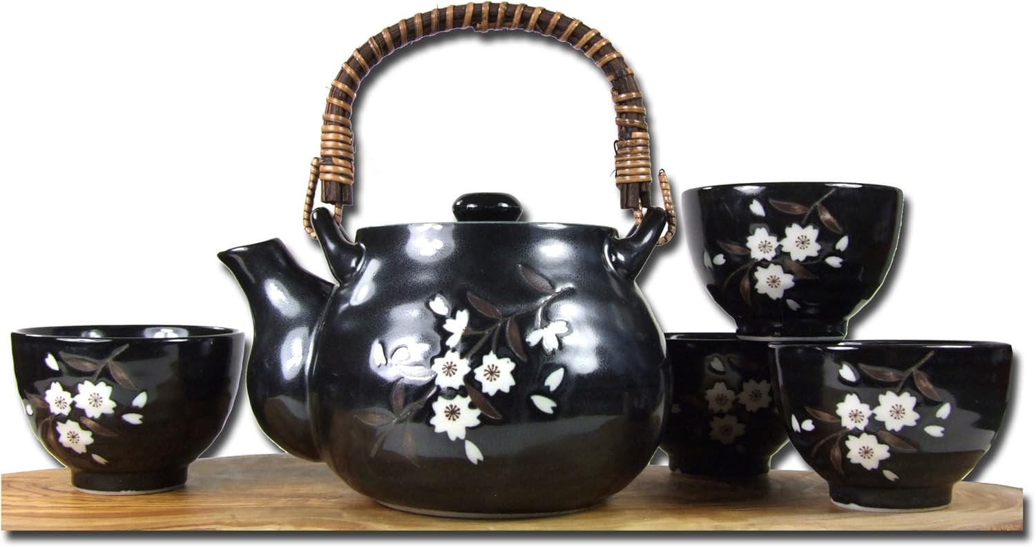 Japanese black tea set with plum blossom design 4 cups Amazon.co.uk