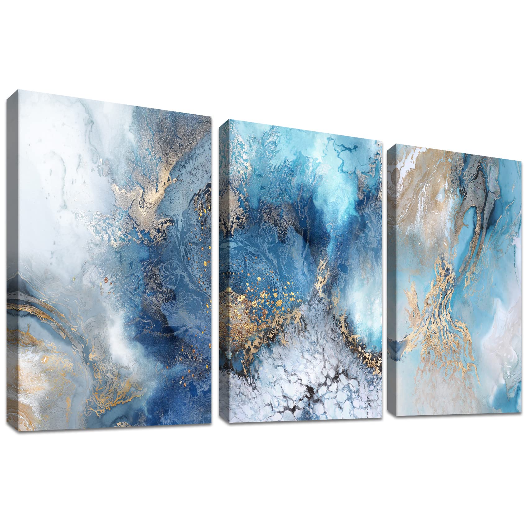 Set of 3 Wooden Framed Canvas Wall Art Gold Blue Ocean Canvas Prints Abstract Painting Poster Wall Pictures for Living Room Bedroom Hallway Stairs Wall Decoration Ready To Hang 30x40cm x3pcs — image 1