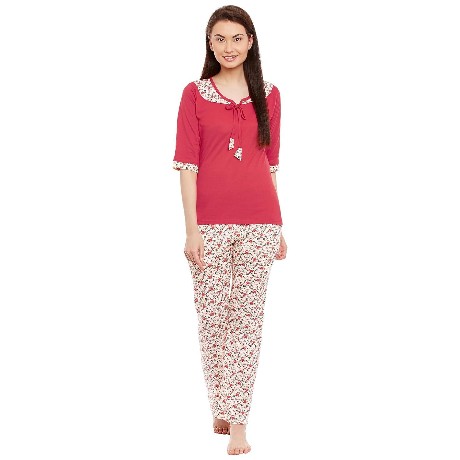 claura cotton printed red and white 3/4 sleeve lower and top nightsuit set
