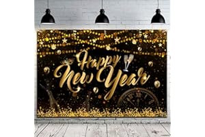 GUPESXU New Years Eve Party Supplies-Happy New Years Eve Backdrop,5x3ft New Year Background Backdrop Black and Gold for 2024 New Year Photograph Backdrop Decoration