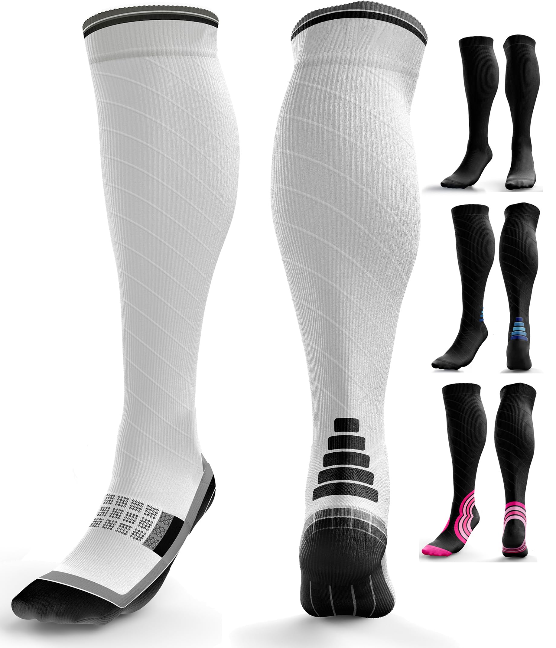 Compression Socks for Women & Men (20-30 mmHg) Knee-High Flight Socks, Graduated Ankle and Calf Support for Travel, Running - Seamless Toe, Padded Heel and Sole (White Grey, L/XL)