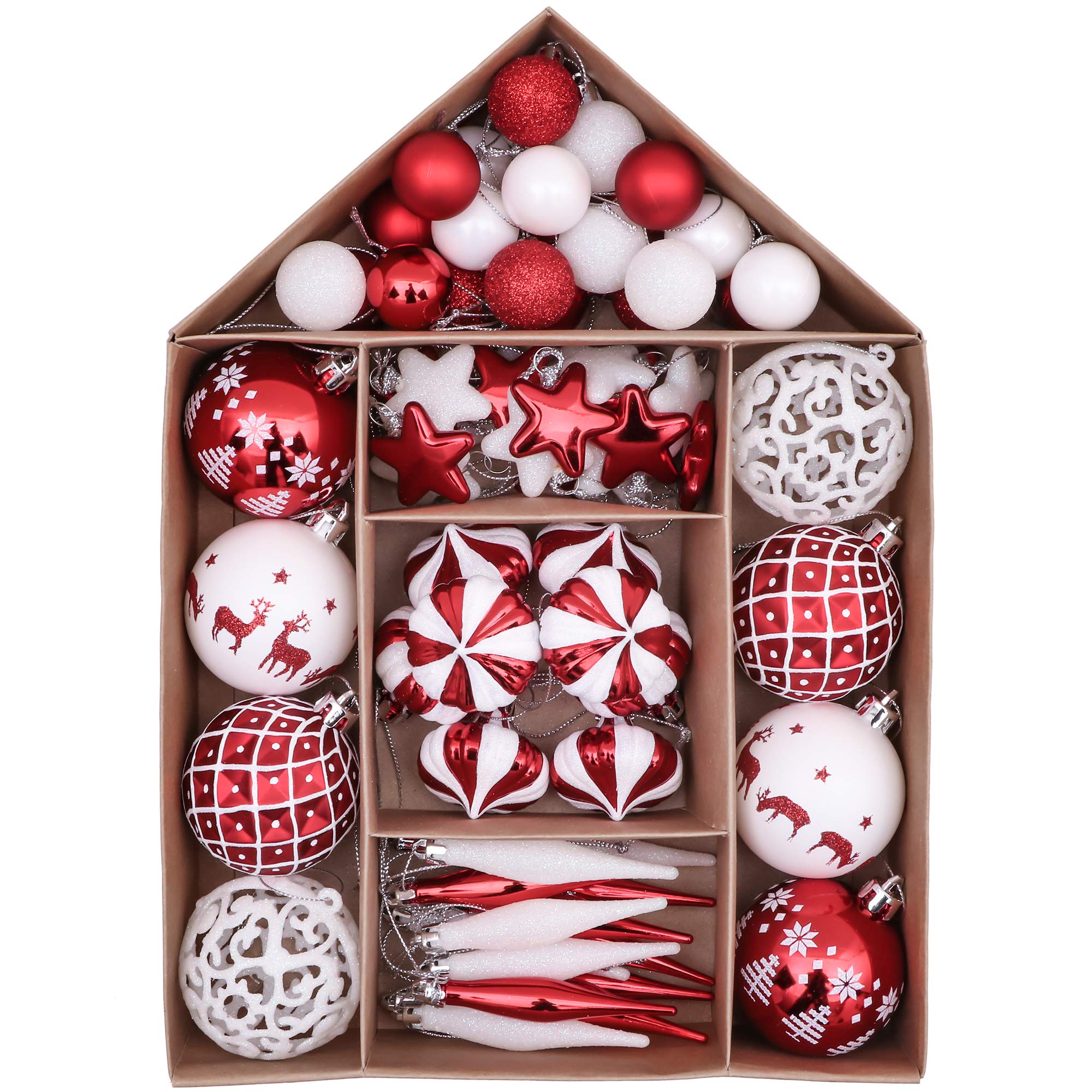 Victor's Workshop 70pcs Shatterproof Christmas Baubles Pack, Traditional Red and White Christmas Ornaments