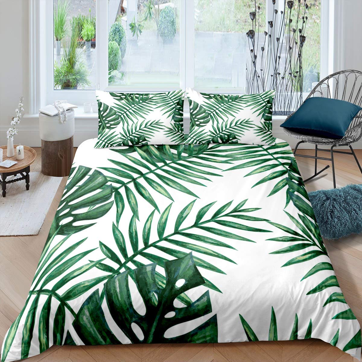 Loussiesd Tropical Leaves Comforter Cover Set for Kids Adults Leaf Pattern Duvet Cover Botanical Bedding Set Palm Leaves Bedspread Cover Nature Theme Bedroom Decor 3Pcs Double Size